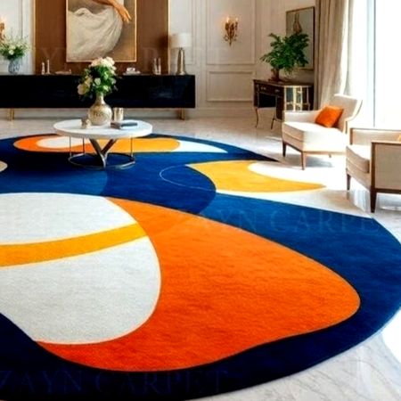 Handcrafted Round Abstract Blue Orange Living Room Rug